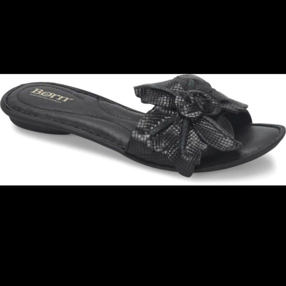 Born Mai Flower Black Leather Sandal Slides